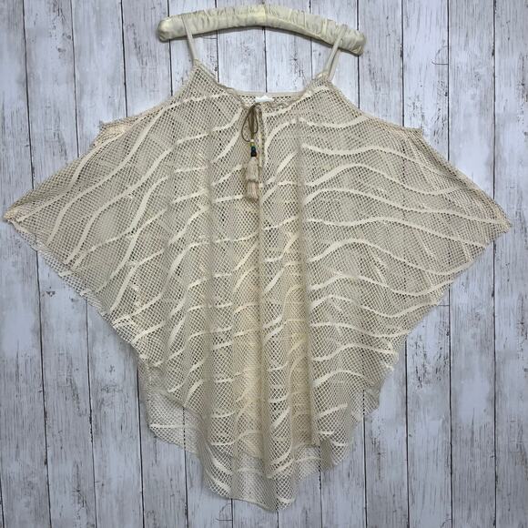 Lucky Brand Swimwear Beige Cold Shoulder Sheer Flowy Beach Vacation Cover Up - Picture 1 of 8